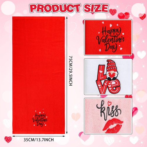FuWeave 3 Pcs Embroidered Valentines Hand Towels for Bathroom 13.7 x 29.5 Inch Cotton Happy Valentine's Day Red Love Gnome Absorbent Bathroom Kitchen Dish Towel for Hand Drying Cleaning Cooking Gift