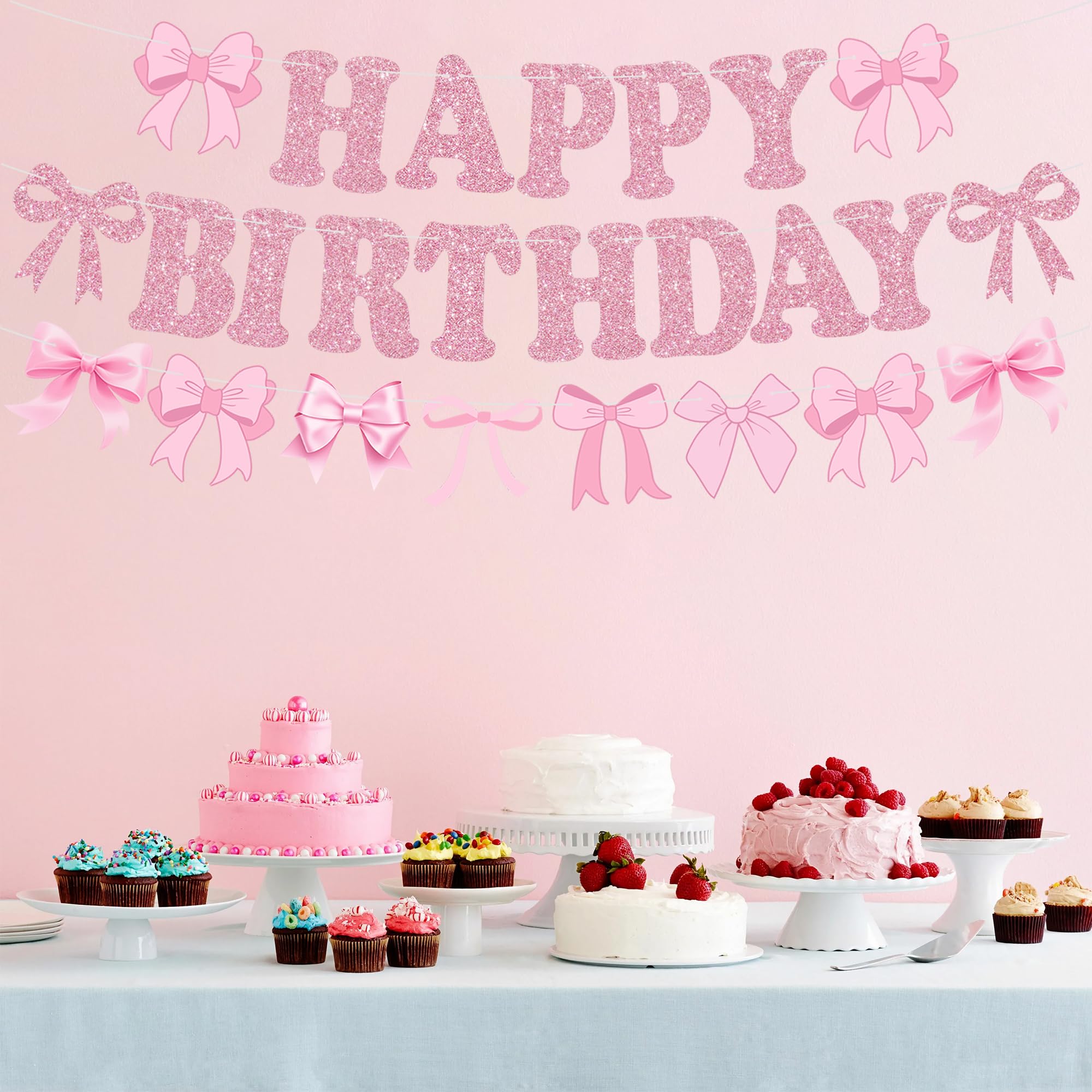 RICHHHA Glitter Pink Bow Happy Birthday Banner Pre-Strung Coquette Birthday Decorations Bow Theme Party Backdrop Sign Garland Pink Bow Party Supplies Decorations for Women Girls,NO-DIY