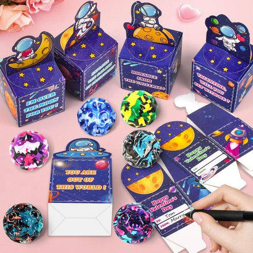 Valentines Day Cards for Kids School, 24 Pack Bouncing Balls with Valentines Day Card Box, Valentines Cards Gifts for Kid Classroom School Exchange, Valentines Party Favors Prizes Set for Kid