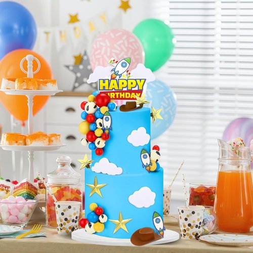 57Pcs Cartoon Story Birthday Cake Toppers Infinity and Beyond Blue Sky White Cloud Cow Print Cake Topper Toy Theme Party Decoration