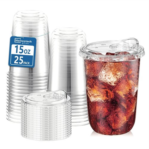 Homestockplus 25 Pack 15 oz BPA-Free Clear Plastic Cups with Strawless Sip Lids - Leak-Proof Round Bottom Disposable Iced Coffee Cups for Kids, To-Go Cold Drinks, Ideal for Small Parties & Daily Use