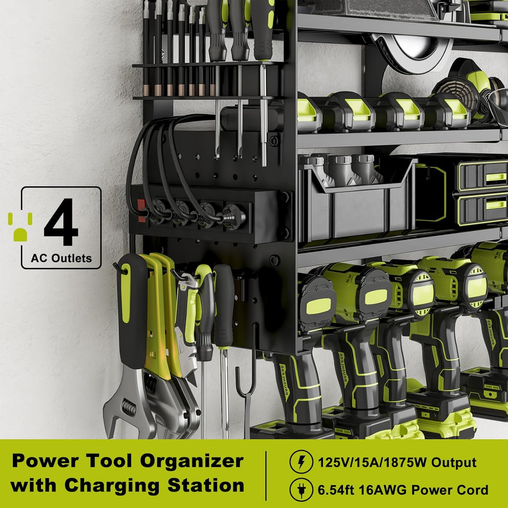Skiennix Cordless Drill Holder - Heavy-Duty 4-Tier Tool Organizer with Pegboard & Power Strip | Wall Mount