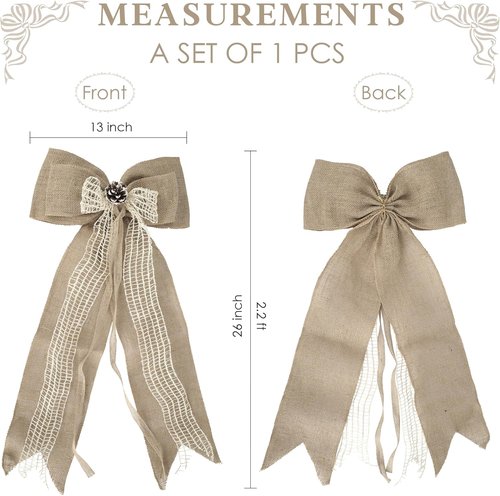 Burlap Christmas Tree Topper Bow - Rustic 13-Inch Jute Bow with Pine Cone for Holiday Decor