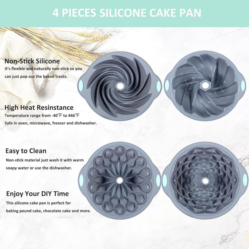 Tongjude Silicone Fluted Cake Pans - Non-Stick 4-Piece Set for Baking Cakes & Jello | 6/7/8 Cups, Grey