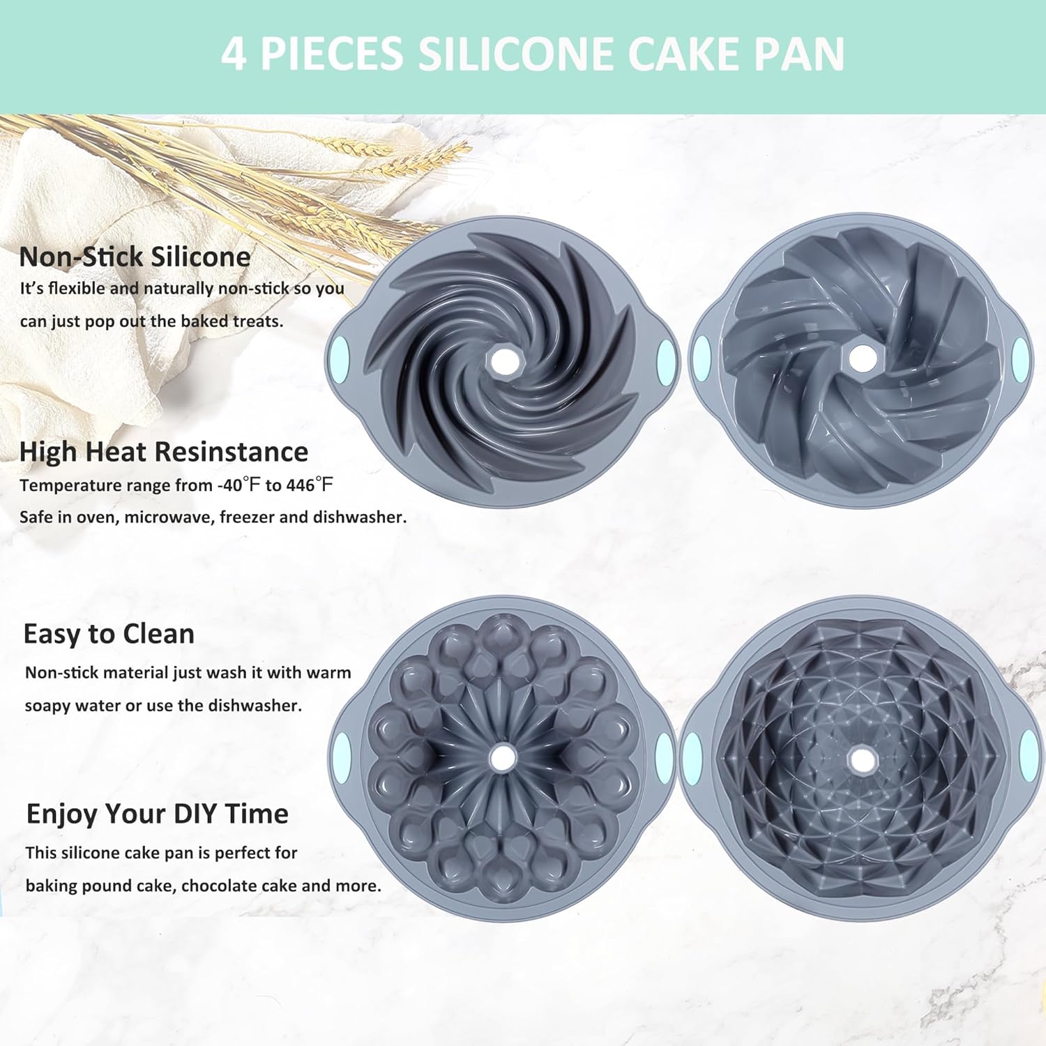 Tongjude Silicone Fluted Cake Pans - Non-Stick 4-Piece Set for Baking Cakes & Jello | 6/7/8 Cups, Grey