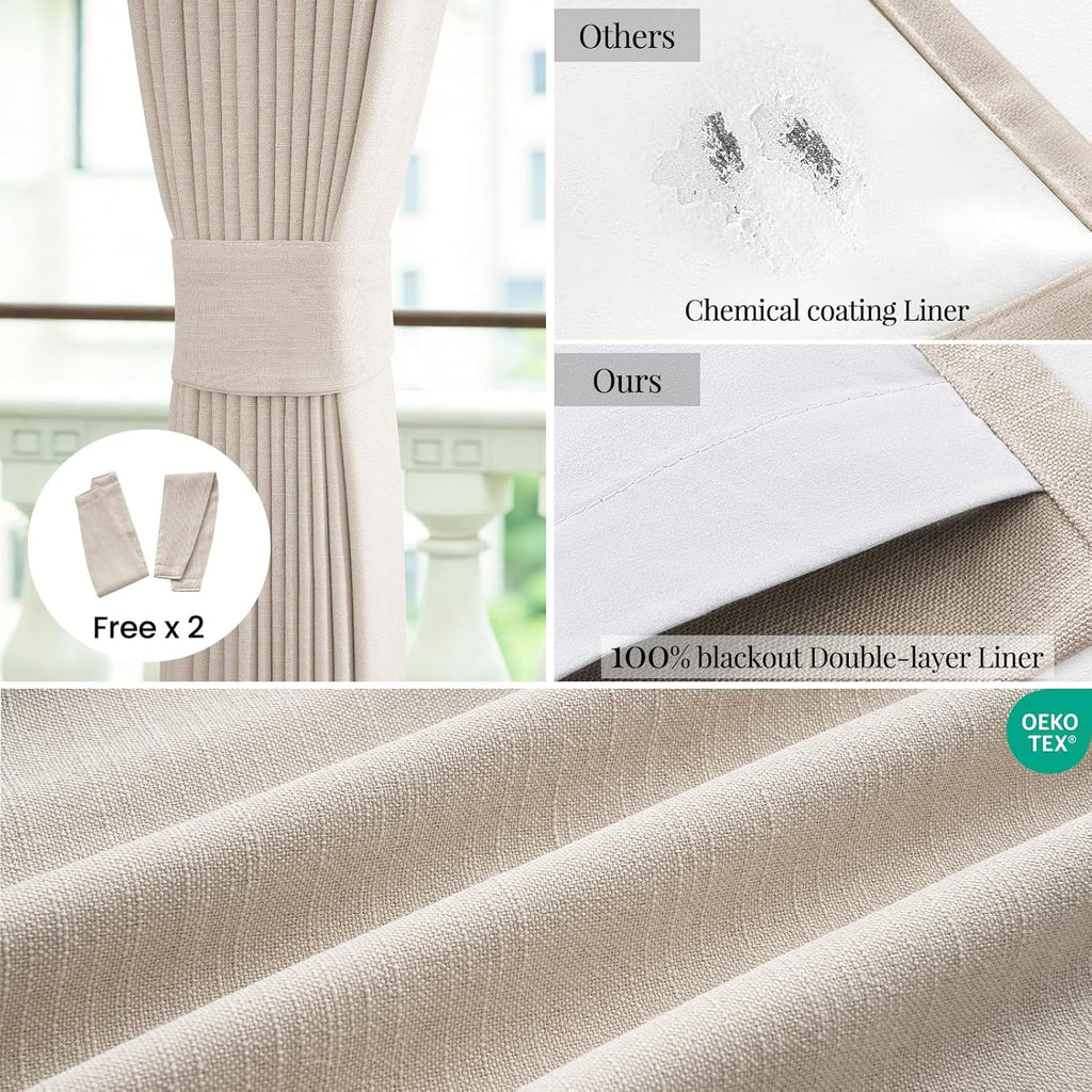 Topfinel Oatmeal Blackout Curtains - Energy-Efficient Pinch Pleated Drapes | 84" Long, Flax Linen, 2 Panels Set
