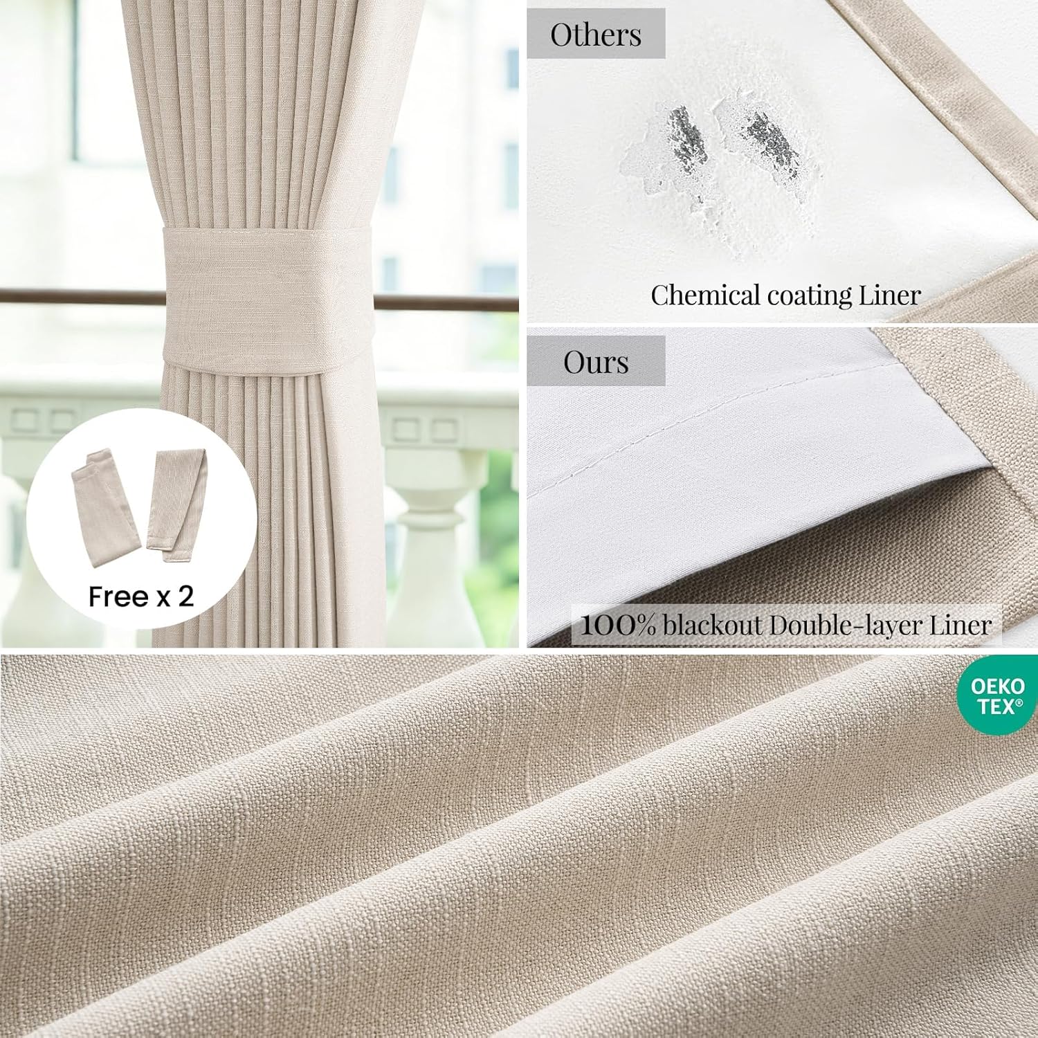 Topfinel Oatmeal Blackout Curtains - Energy-Efficient Pinch Pleated Drapes | 84" Long, Flax Linen, 2 Panels Set