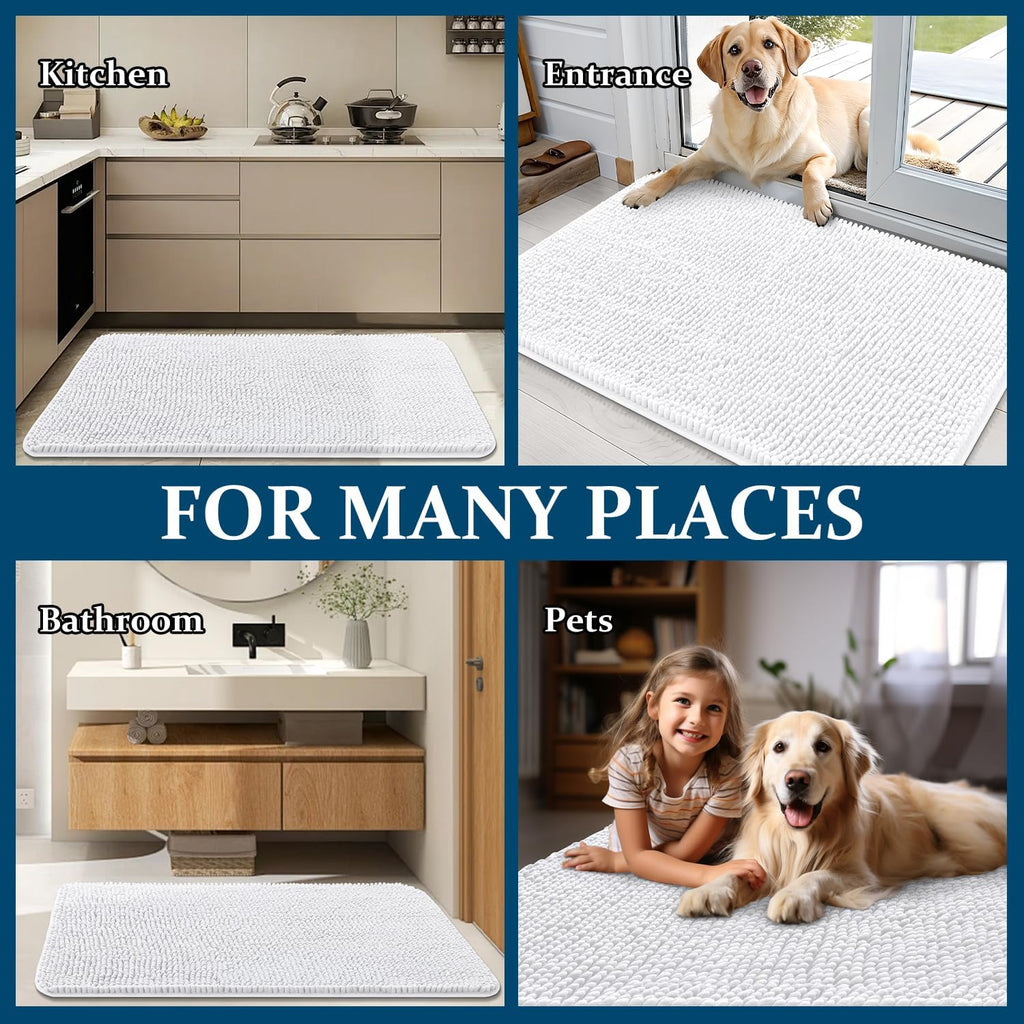 OLANLY Dog Door Mat - Absorbent Non-Slip Washable Chenille Mat for Muddy Paws | 70x24 Inches, White