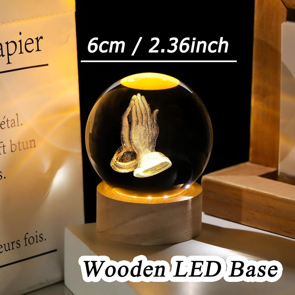 3D Hands Prayer Crystal Ball by [Brand Name] - Religious Glass Figurine with Wooden Base | 2.36-Inch Night Light for Home Decor