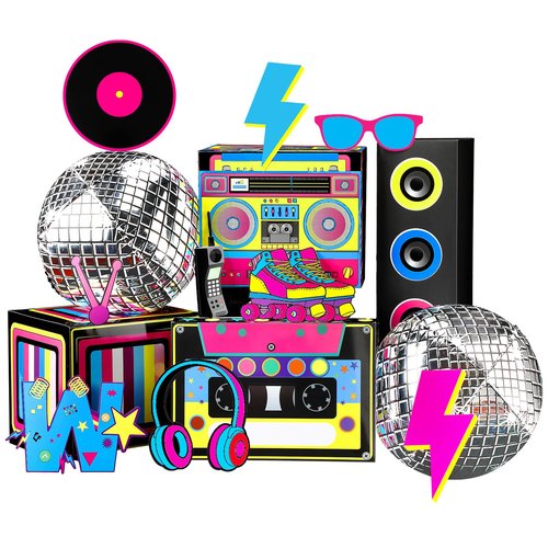 Saypacck 14 Pcs 80s 90s Party Decorations Hip Hop Favor Set Large Paper Boombox Boxes Novelty Treat Boxes Boom Cassette for Retro 1980s 1990s Theme Birthday Neon Disco Music Party Supplies