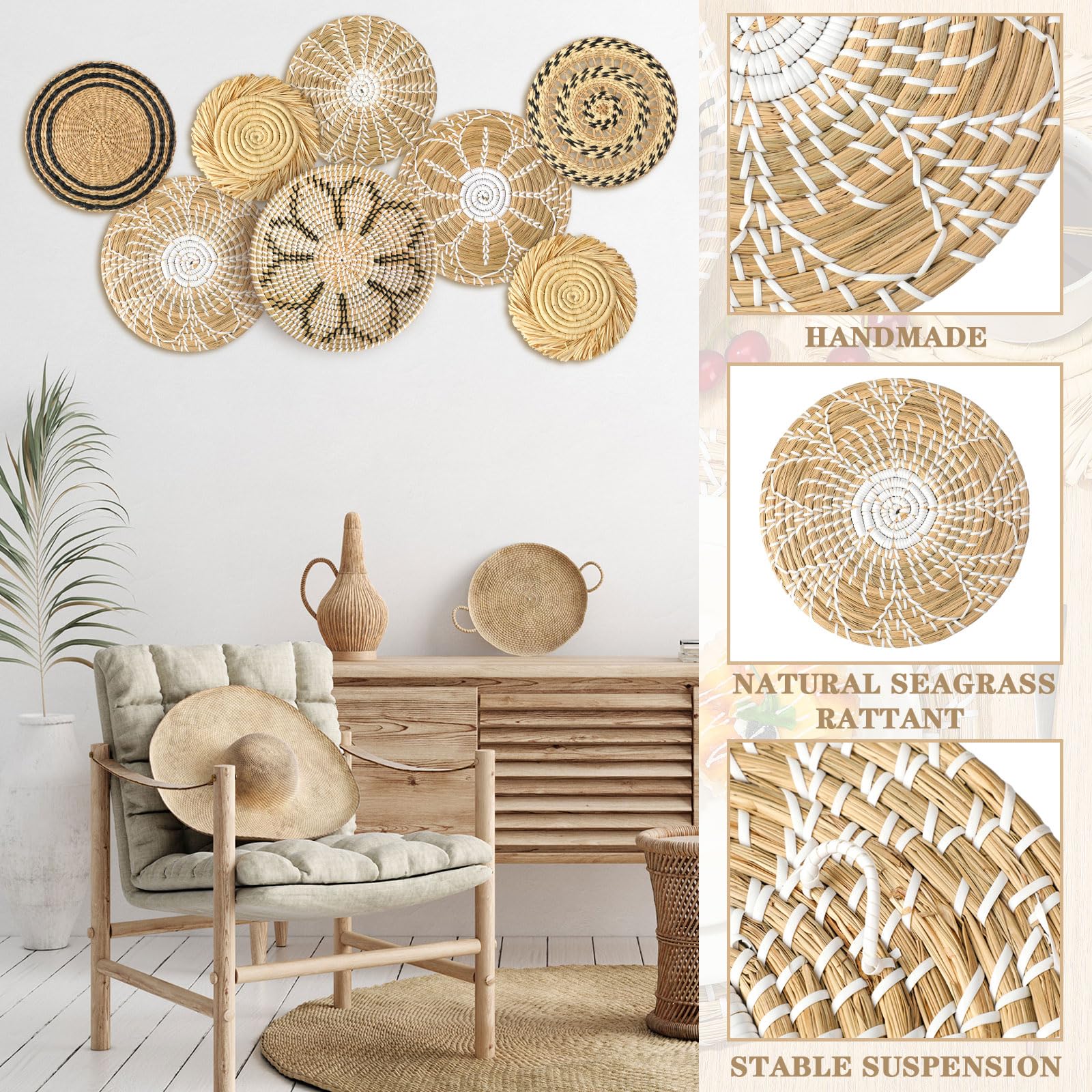Xuhal 8 Pcs Boho Wall Basket Decor Decorative Bulrush Woven Basket Wall Decor Rustic Farmhouse Hanging Baskets for Kitchen Rustic Home Summer Decorations