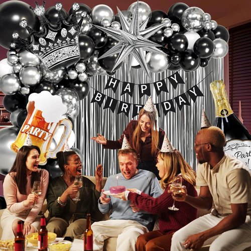 Black and Silver Birthday Party Decorations, Black Silver White Foil Balloons Happy Birthday Banner Fringe Curtains for 16th 18th 21st 24th 32th 40th 50th 60th Birthday Decorations for Men
