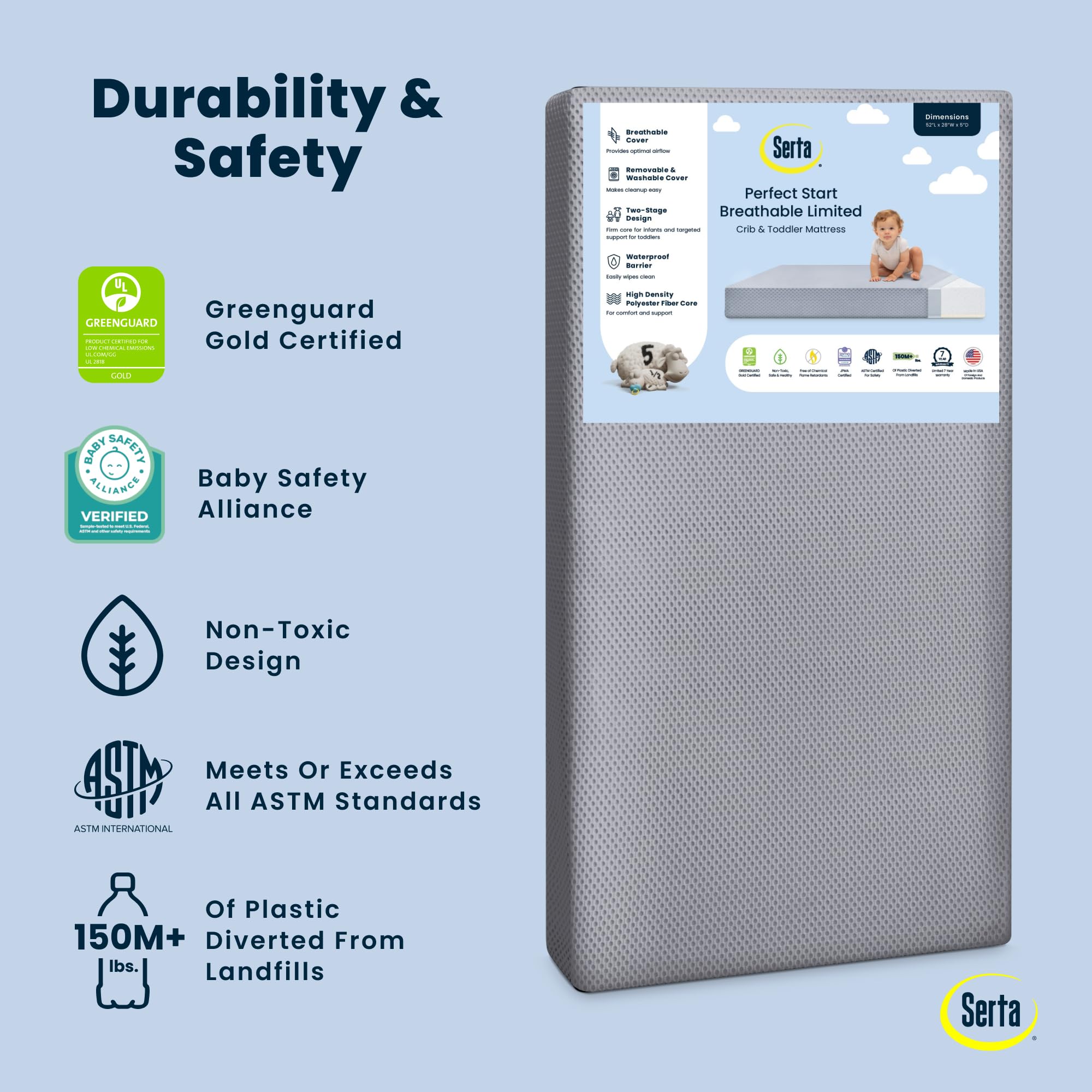 Serta Perfect Start Breathable Limited Two -Stage Crib Mattress and Toddler Mattress - Breathable Cover and Fiber Core, Machine Washable Cover, Waterproof, 7 Year Warranty, Made in USA