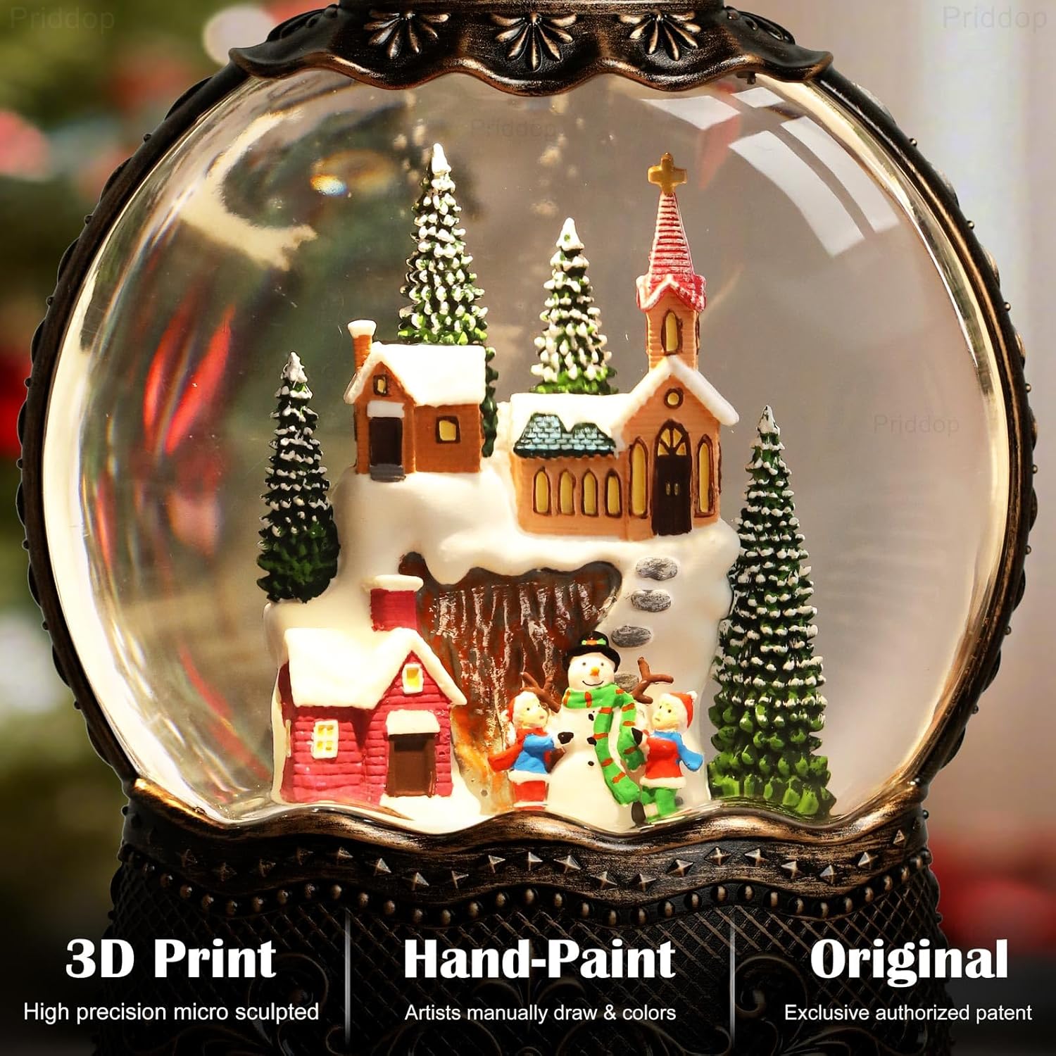 Priddop Village Snow Globe | Musical Christmas Decoration with Snowman Scene - 10.6 Inch