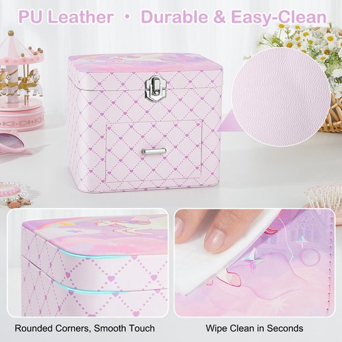 Basumee Musical Jewelry Box for Girls PU Leather Music Box with Drawer Large Kids Jewelry Organizer with Unicorn/Ballerina Jewelry Storage for Little Girls Ages 3–10, Birthday & Holiday Present