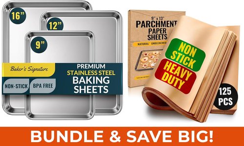 Baker's Signature Stainless Steel Baking Sheet Set - Includes 125 Unbleached Parchment Paper Sheets | 9x13 In, Non-Stick, Curl-Free