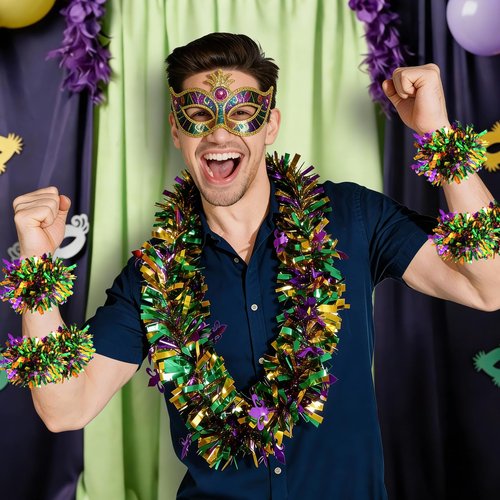 Mega-L 12 Pcs Necklace for Mardi Gras, Mardi Gras Decorations, 19 inch Tinsel Garlands Metallic Purple Green Gold Photo Booth Prop Backdrop for Parade, Carnival Celebrations, Mardi Gras Party Decorations