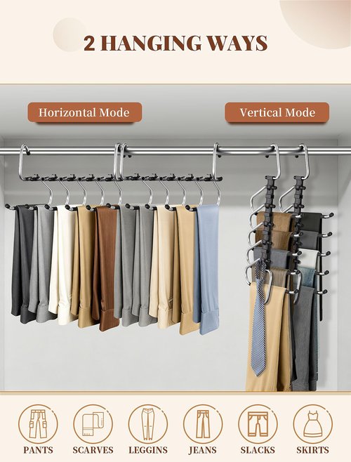 MERDTTES Pants Hangers 2 Pack Space Saving Metal Closet Organizer, Anti-Slip Design, Multi-Layer Space Saving Hangers, Closet Organizers and Storage for Jeans, Trousers, Skirts, Scarves, Slacks, Black
