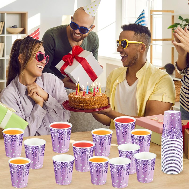 50Pcs Silver Happy Birthday Party Paper Cups 9oz Glitter Diamonds Party Cups Supplies Silver Diamonds Theme Disposable Cups for Women Girls Birthday Wedding Bridal Baby Shower Favors Decoration