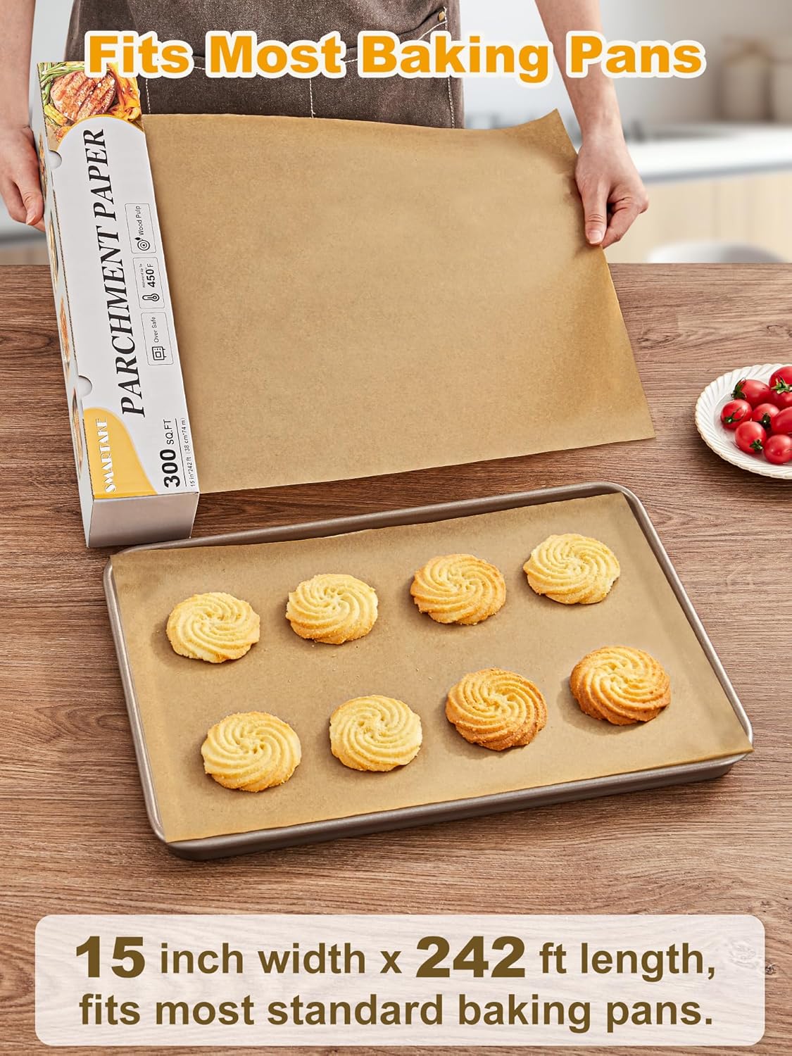 SMARTAKE Non-Stick Parchment Paper Roll - Heavy Duty 15" x 242 ft for Baking, Cooking & Grilling