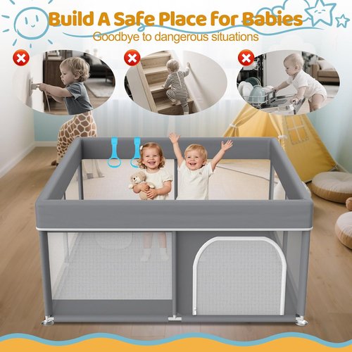 Grey Baby Playpen - Full Cover Anti-Collision Cloth Playard | 64"x64" Modern Safety Center for Infants
