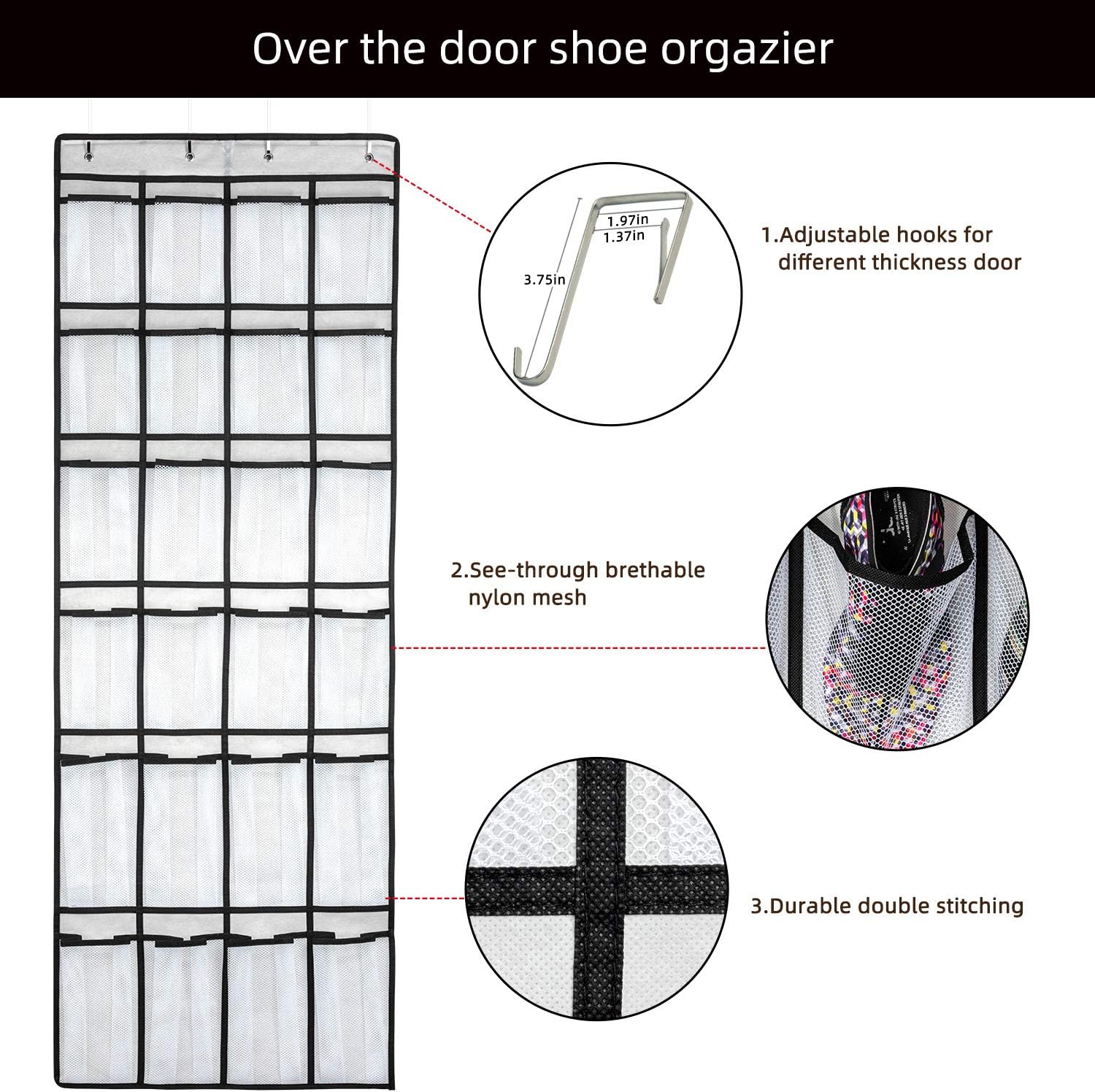 SAVERHO Over The Door Shoe Organizer - 24 Mesh Pockets for Efficient Storage | White Hanging Shoe Rack