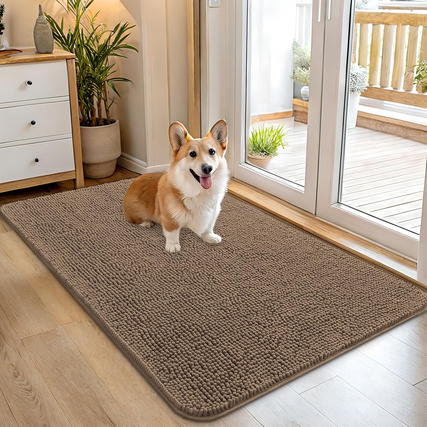 OLANLY Dog Door Mat - Absorbent Non-Slip Chenille Mat for Muddy Paws | 45x27, Quick Dry, Tan