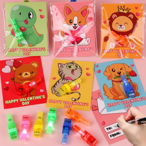 30 Pack Valentines Day Gifts for Kids Classroom Animal Finger Lights Toys with Valentine Day Cards for Kids School, Valentines for Class Exchange Cards Gifts Prizes Party Favors for Boys Girls