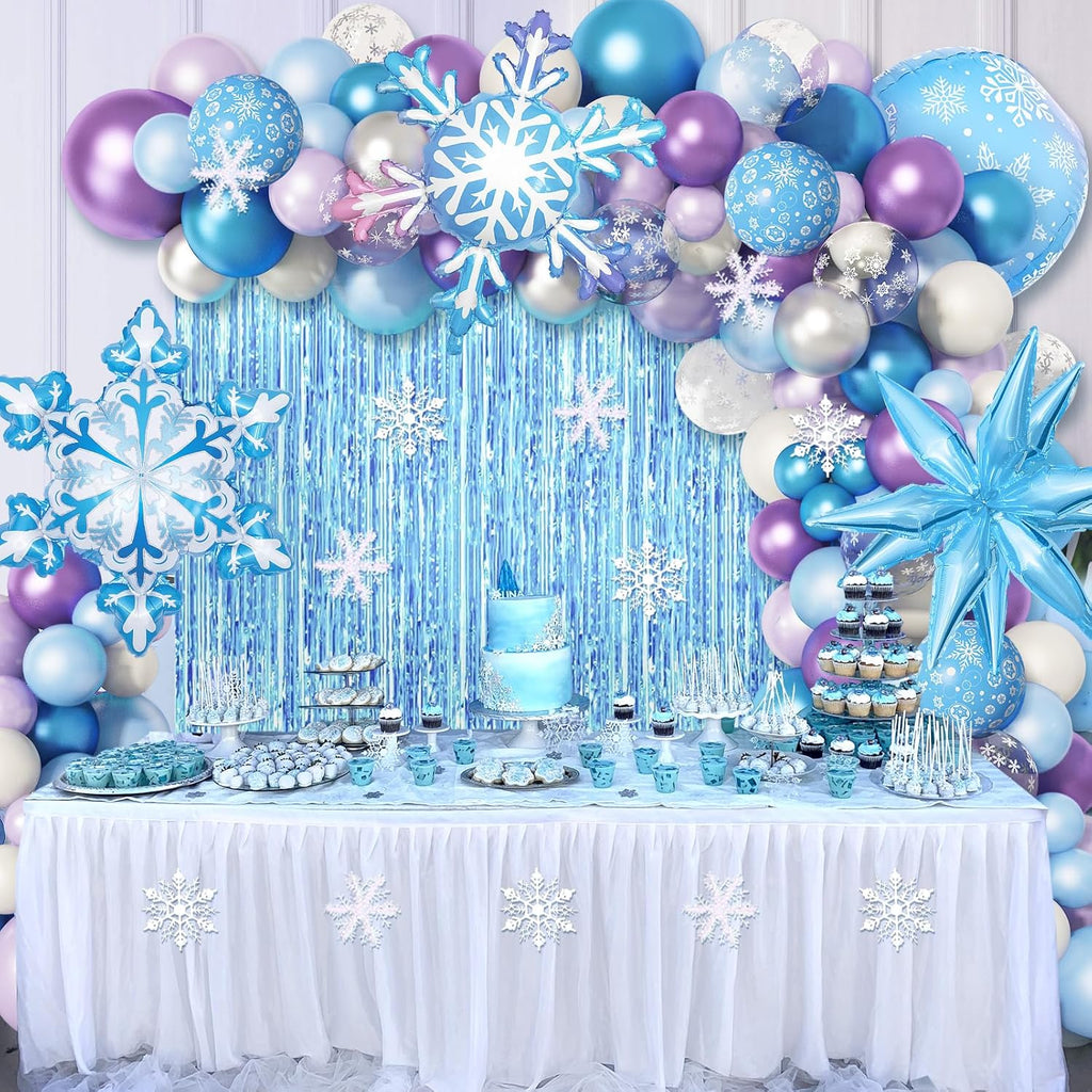 Amandir Snow Birthday Party Supplies - 162PCS Balloon Garland & Fringe Curtain | Blue & Purple Winter Wonderland Decor