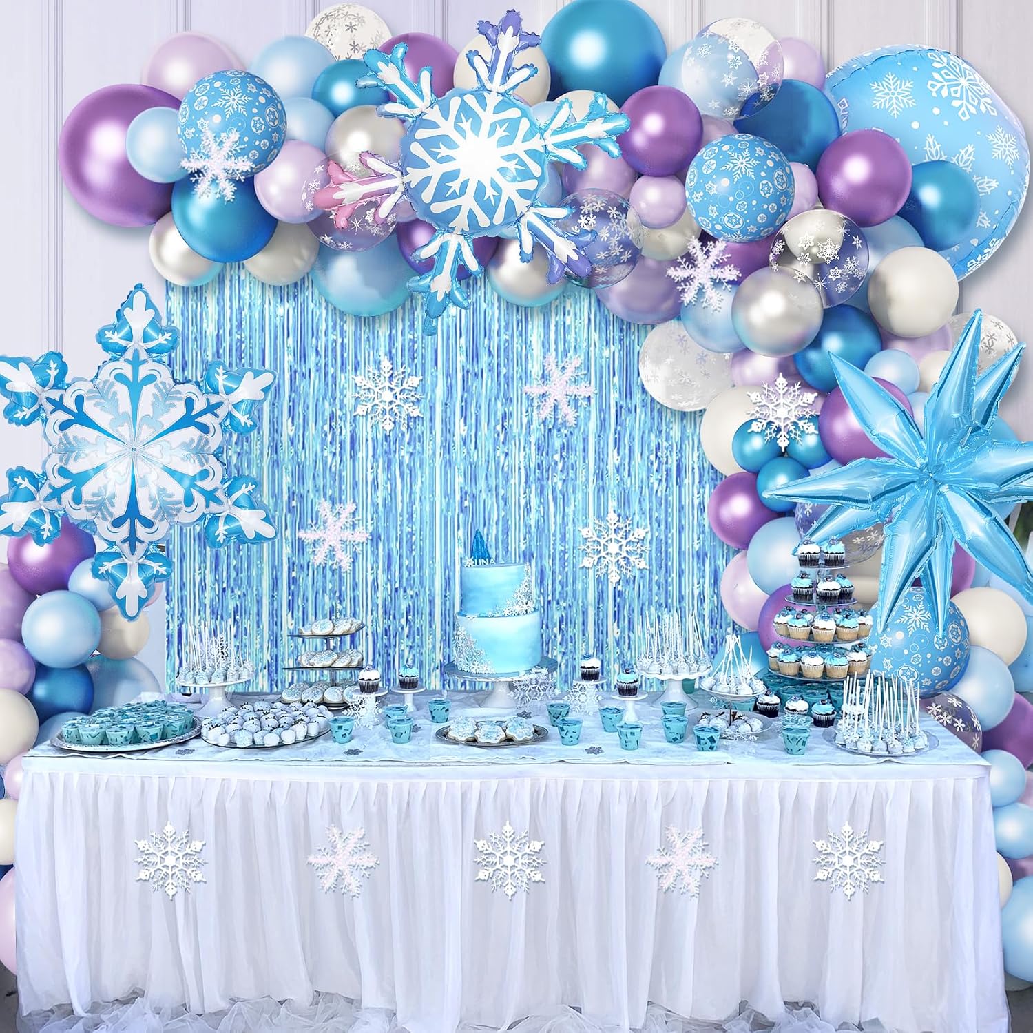 Amandir Snow Birthday Party Supplies - 162PCS Balloon Garland & Fringe Curtain | Blue & Purple Winter Wonderland Decor