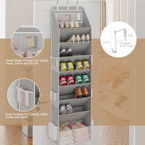 Criusia Shoe Organizer - Over The Door Hanging Storage with Large Pockets | Fits 16-24 Pairs, Gray