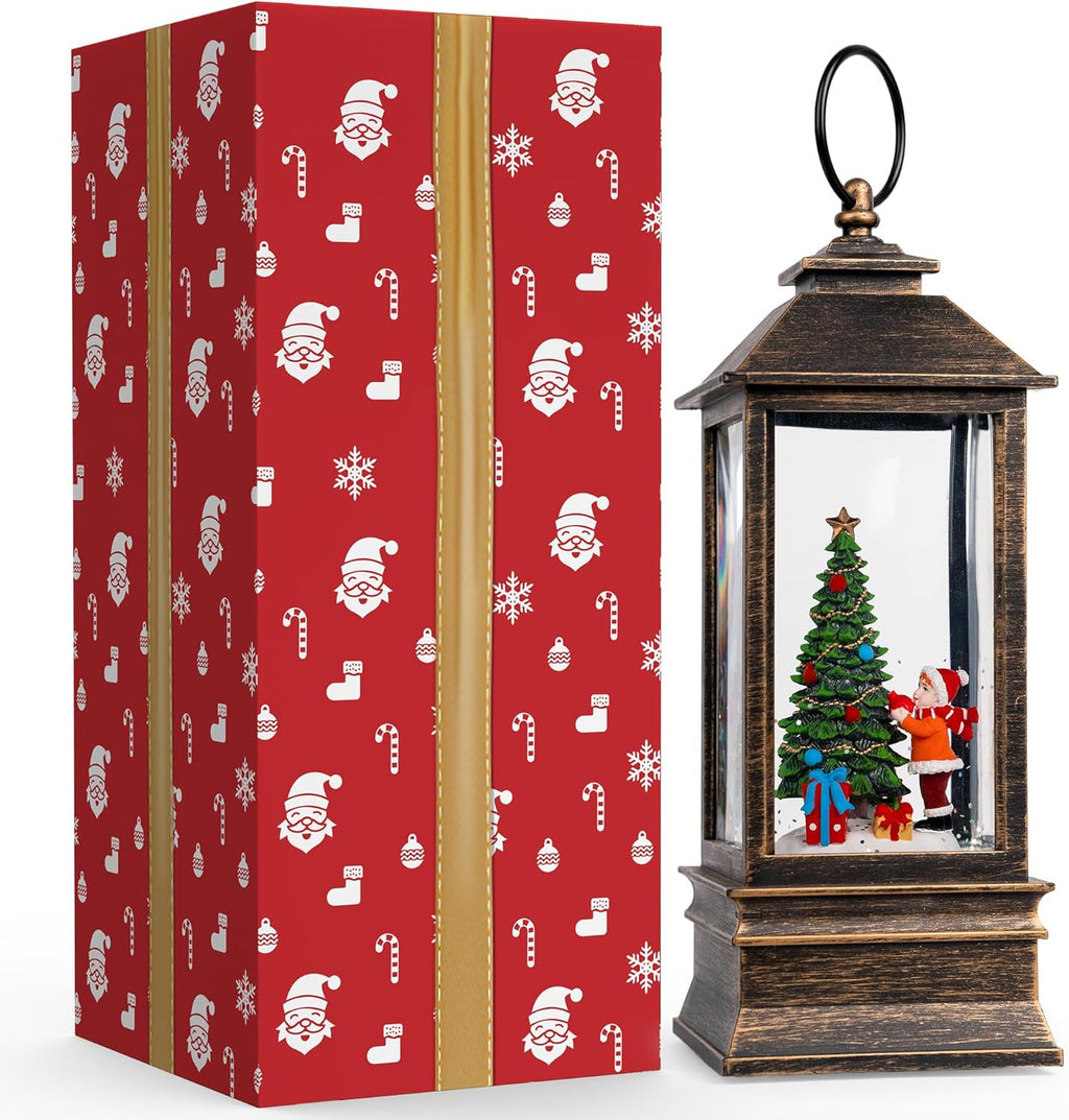 Skiennix 10'' Snow Globe Christmas Lantern - Musical & Lighted with Swirling Glitter | Battery or USB Powered