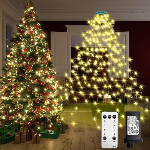 VIL Christmas Tree Lights with Ring,8.2Ft 16 Line 448 LED Green Wire Fairy Waterfall String Light Plug in,Dimmable Cascading Lights with 8 Lighting Modes for Indoor Outdoor Xmas Tree(Warm White)