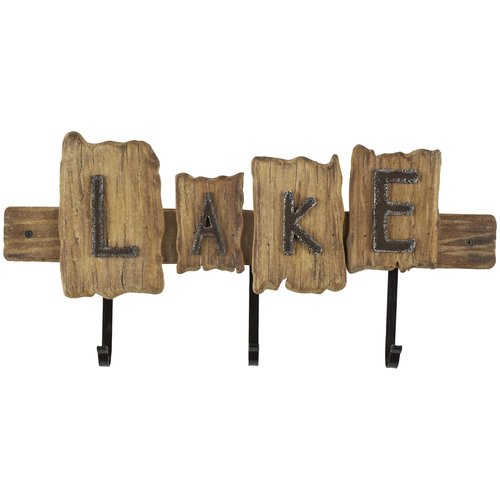 Deco 79 Wood Handmade Live Edge Lake Sign 3 Hanger Wall Hook with Metal Accents, 19" x 9" x 2", Brown