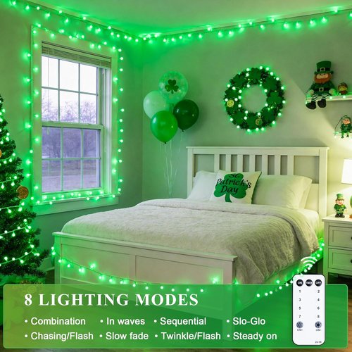 JMEXSUSS 100 LED Globe String Lights - 33ft Indoor/Outdoor Green Lights with 8 Modes for Festive Decor