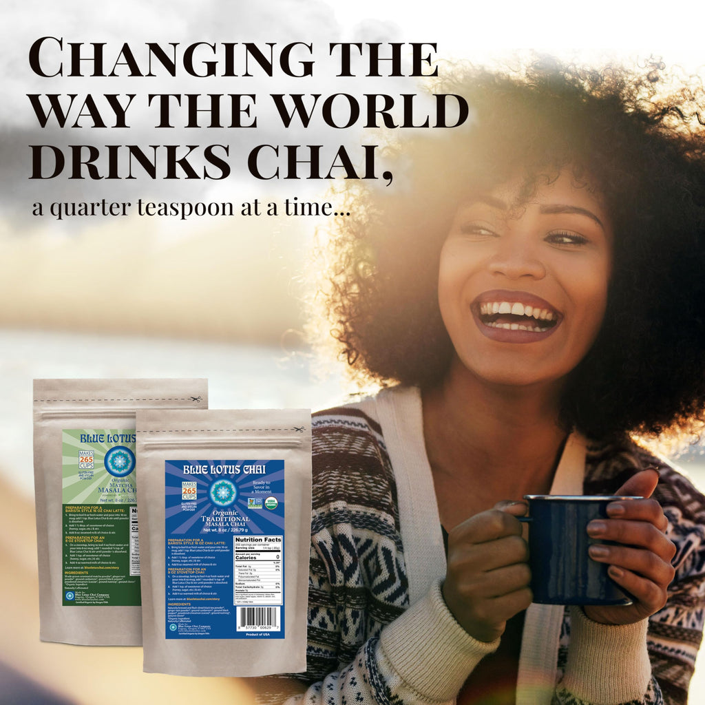 Blue Lotus Chai – Fully Organic Traditional Masala Chai - Makes 265 Cups – Just Add Hot Water, No Steeping, No Gluten - 8 Ounce Masala Spiced Chai Powder with Organic Spices – Authentic Indian Tea