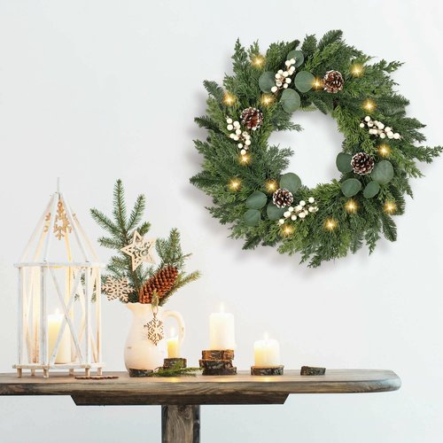 Christmas Wreath with Lights 24 Inch Real Touch Pine Wreath with White Berries/Pine Cone Prelit Christmas Wreaths for Front Door Outdoor Christmas Decorations Winter Wreath for Home Indoor Holiday