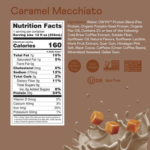 OWYN Only What You Need Double Shot Dairy Free Keto Protein Coffee Shake, Caramel Macchiato, 0g Sugar, 20g Plant Based Protein, 180mg Caffeine, Gluten & Soy Free, Non-GMO, Vegan (12 Pack, 12 Fl Oz)