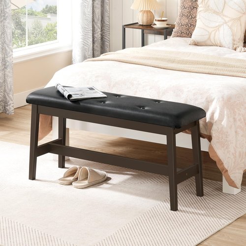 HOOBRO Dining Bench, Bamboo Dining Room Bench with PU Leather Upholstered Seat, for Kitchen, Living Room, Hallway, Kitchen, Entryway, Brown and Black CB13CD01