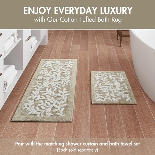 Madison Park Serene 100% Cotton Tufted Bathroom Rug - High & Low Tufting Floral Leaf Design, Quality Luxurious Plush Medium Pile Bath Mat Absorbent, Quick Dry, Shower Room Décor, 24x60 Taupe