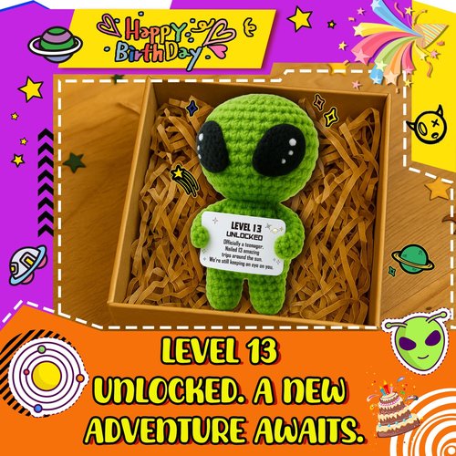 Happy 13th Birthday Milestone Keepsake – Handmade Crochet Alien Plush Doll with Funny Official Teenager Positive Affirmation Message Card – 13 Years Old Gift for Son, Daughter, Friend, or Grandchild