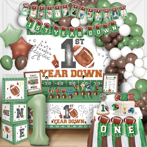 Jovialitix First Birthday Decorations – First Year Down Birthday Party Decorations Kit with 40" Balloon, Banner, Photo Garland, Backdrop & Football Decor