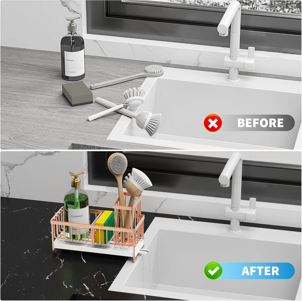 Cisily Kitchen Sink Caddy Organizer - Rustproof 304 Stainless Steel with High Brush Holder | Rose Gold, 9.25”