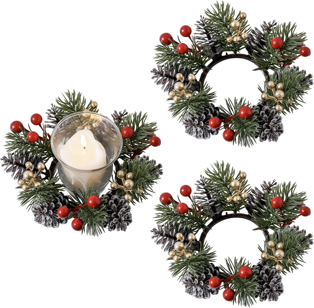 Skiennix Christmas Candle Rings - Elegant Gold & Red Floral Wreaths with Pinecones | Set of 2