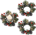 Skiennix Christmas Candle Rings - Elegant Gold & Red Floral Wreaths with Pinecones | Set of 2