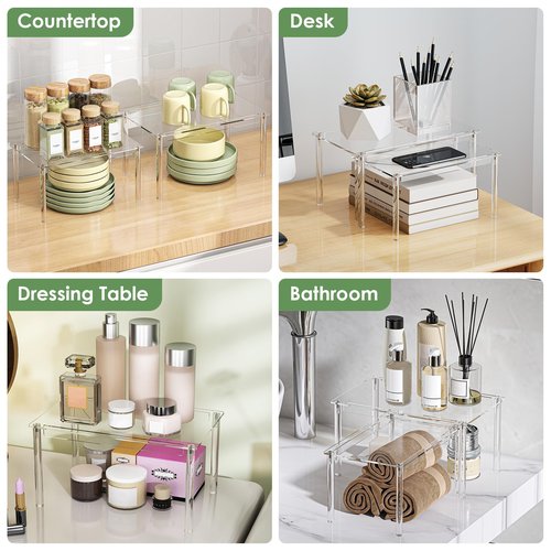Delamu Clear Kitchen Cabinet Organizer, Set of 2 Acrylic Shelf Organizer for Cupboard Organizers and Storage, Stackable Cabinet Shelf for Plate, Dish, Bowl, Cup & Mug, 11.7" W x 7.7" D x 6.3" H