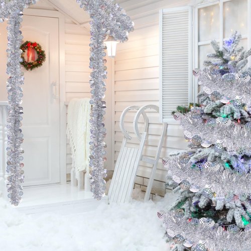 LOAVER 33 FT Christmas Silver Disco Ball Tinsel Garland,Metallic Tinsel Twist Garland Shiny Hanging Decoration for Christmas Tree Disco Party Home Supplies Staircase Railing Indoor Outdoor Decor