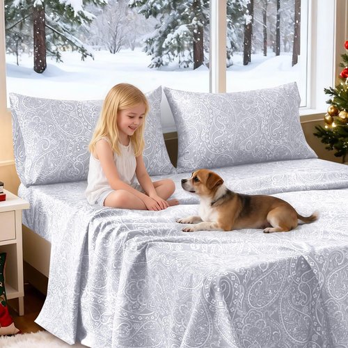 ROOYE Christmas Queen Size Bed Sheets, 4 Piece Floral Pattern Sheets Queen, 17" Deep Pocket, Soft Luxury Brushed Microfiber Cooling Sheets, Easy Care, Light Grey Paisley