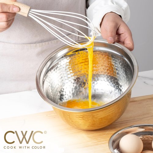 COOK WITH COLOR 18 Piece Mixing Bowls Set with Airtight Lids, Handcrafted Stainless Steel Bowls, Food Storage Containers, Meal Prep, Nesting Salad Bowls For Cooking, Baking, Kitchen, Gold- Hammered