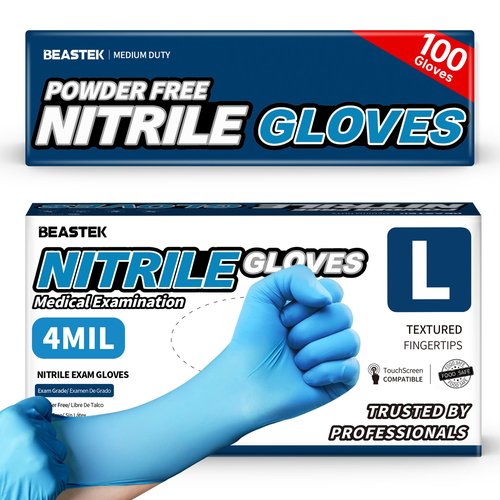 Beastek Blue Nitrile Exam Gloves, 4 mil Powder-Free Latex-Free Non-Sterile Food Safe Disposable Medical Glove, 100 Pcs (Large)
